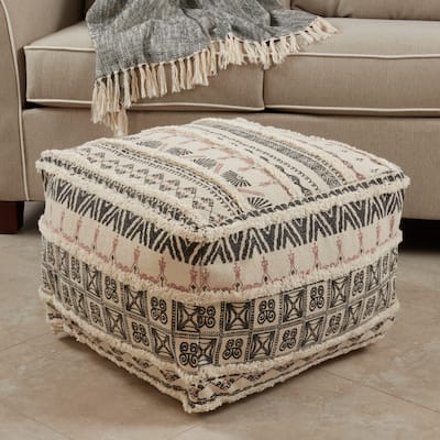 Cotton Floor Pouf With Printed and Tufted Design