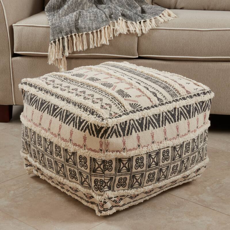 Cotton Floor Pouf With Printed and Tufted Design