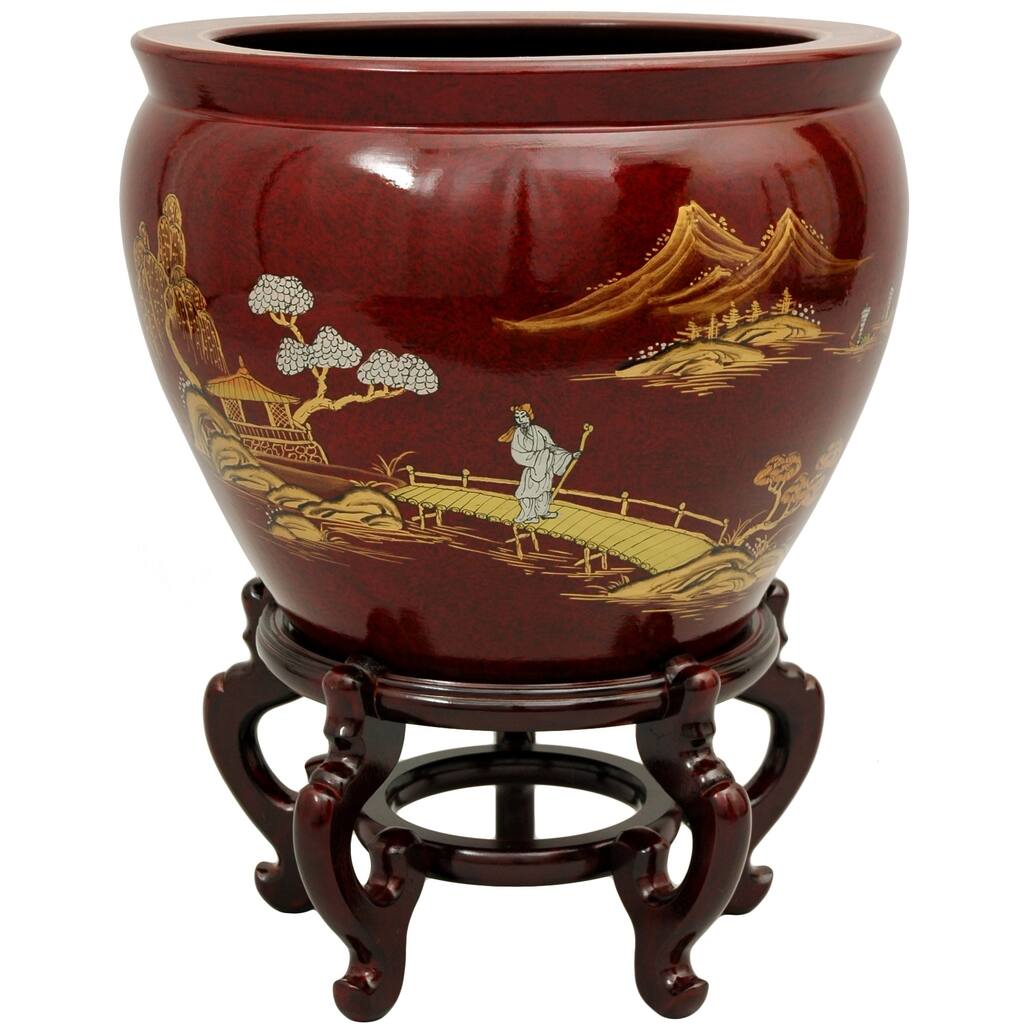 Handmade Lacquered Porcelain Fishbowl - 13.25"H x 16" Diameter