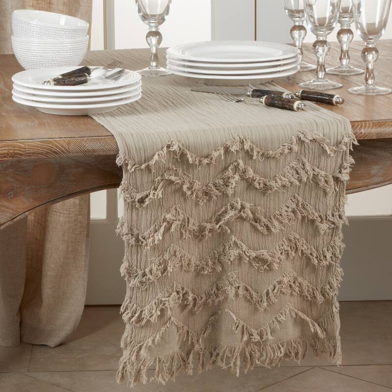 Chevron Table Runner With Fringe Design - Natural