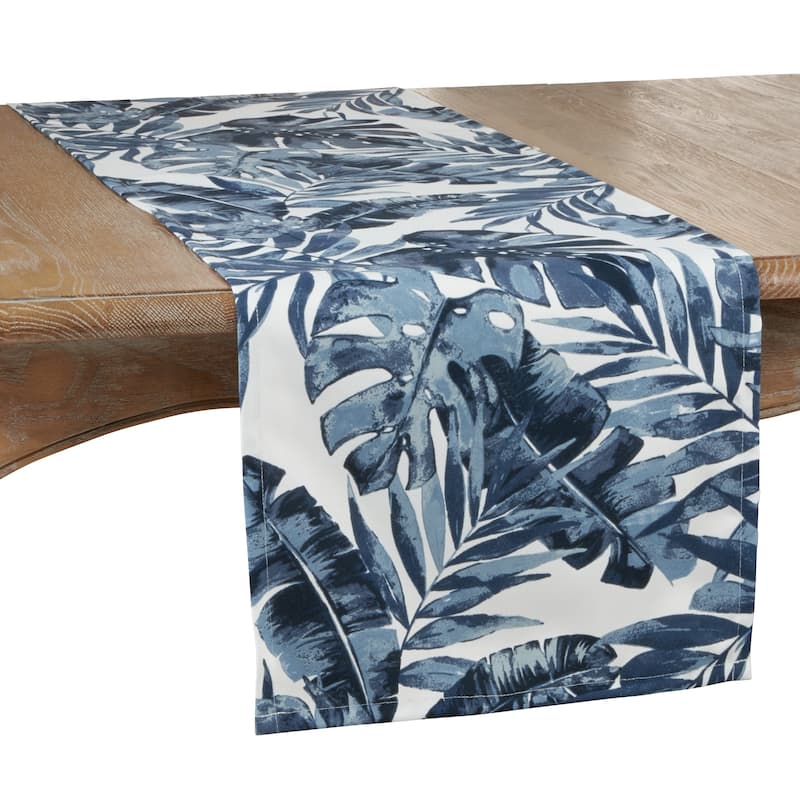 Outdoor Runner With Blue Tropical Leaf Design