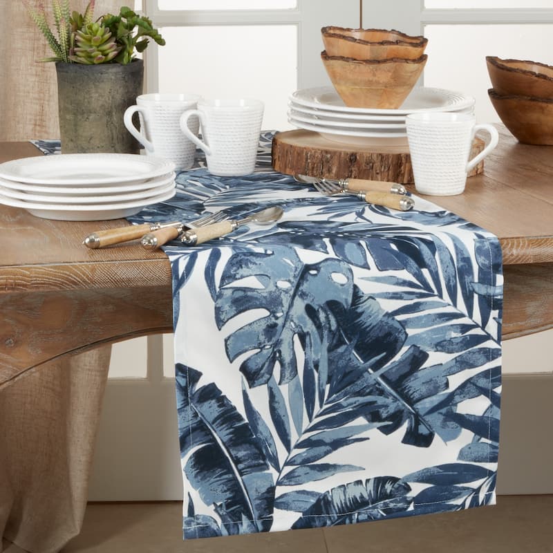 Outdoor Runner With Blue Tropical Leaf Design