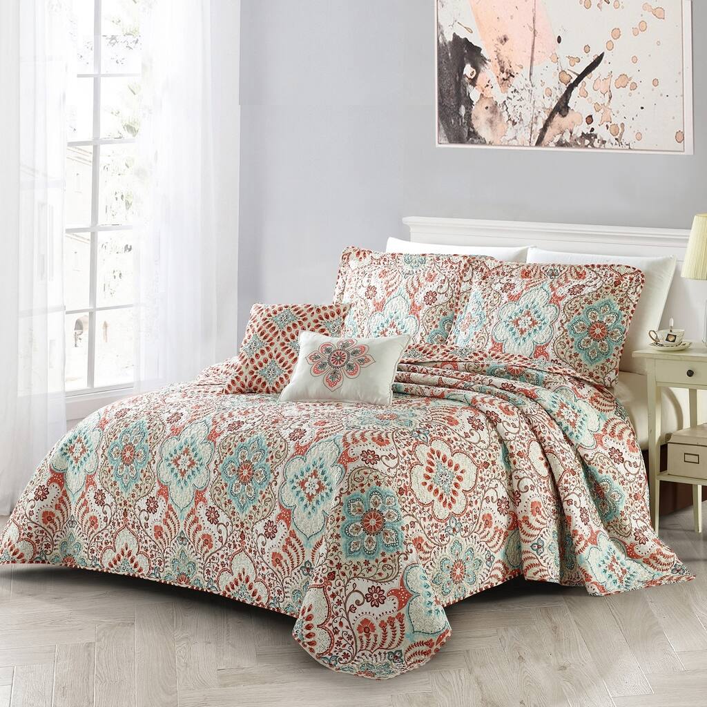 Serenta Bennington Damask Printed Microfiber 5 Piece Quilts Set