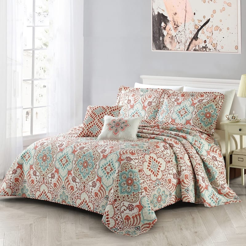 Serenta Bennington Damask Printed Microfiber 5 Piece Quilts Set - Coral - King