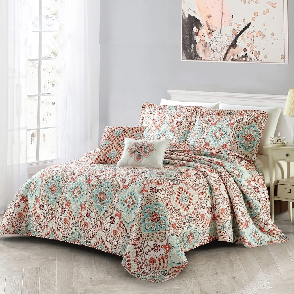 Serenta Bennington Damask Printed Microfiber 5 Piece Quilts Set