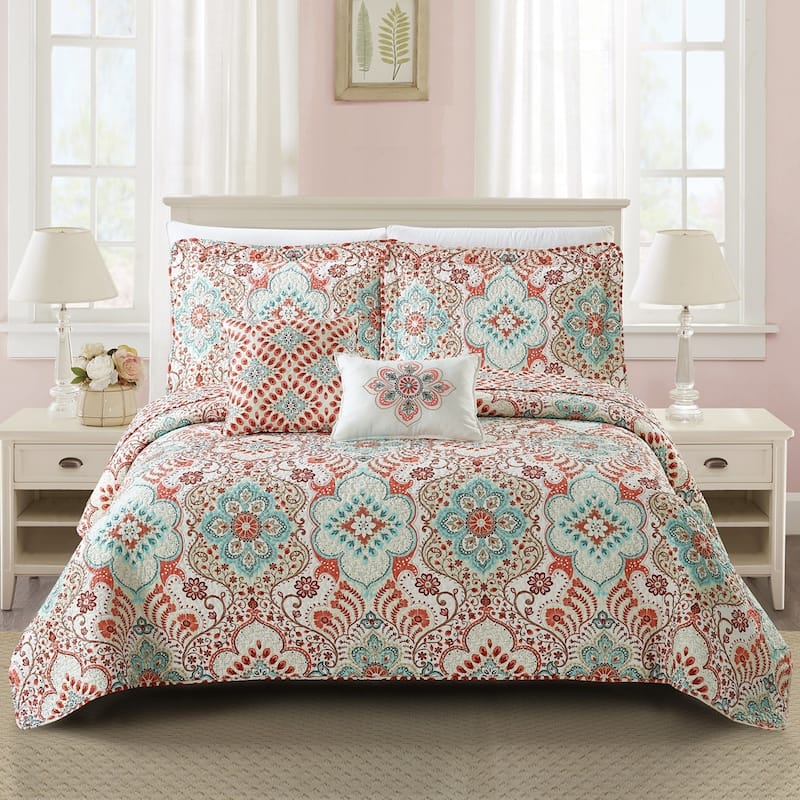 Serenta Bennington Damask Printed Microfiber 5 Piece Quilts Set