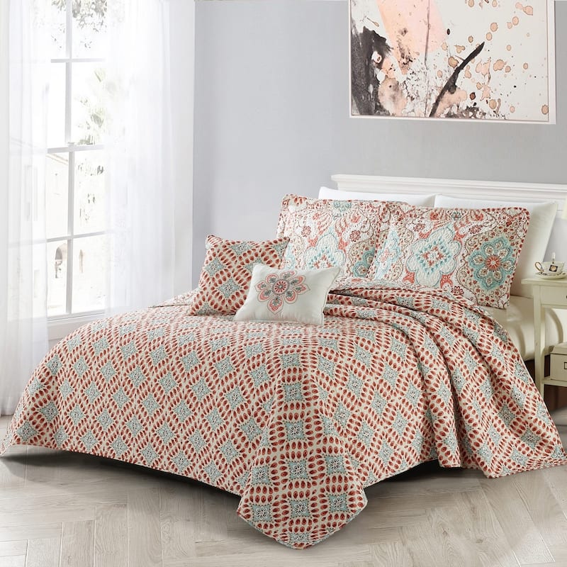 Serenta Bennington Damask Printed Microfiber 5 Piece Quilts Set