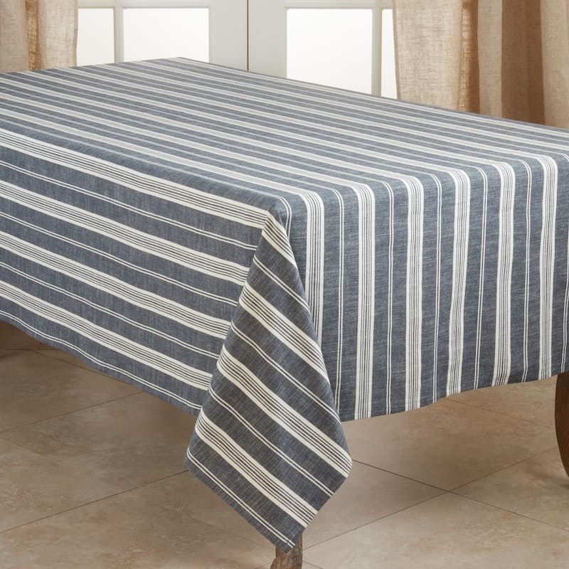 Cotton Tablecloth With Striped Design - Navy Blue - 65" x 120"