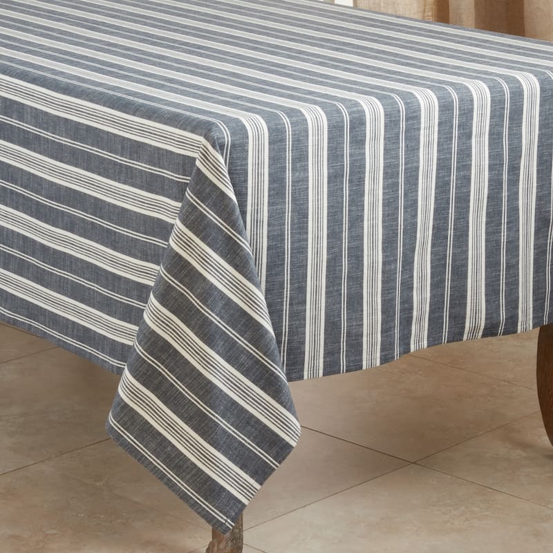 Cotton Tablecloth With Striped Design - Navy Blue - 70" x 70"