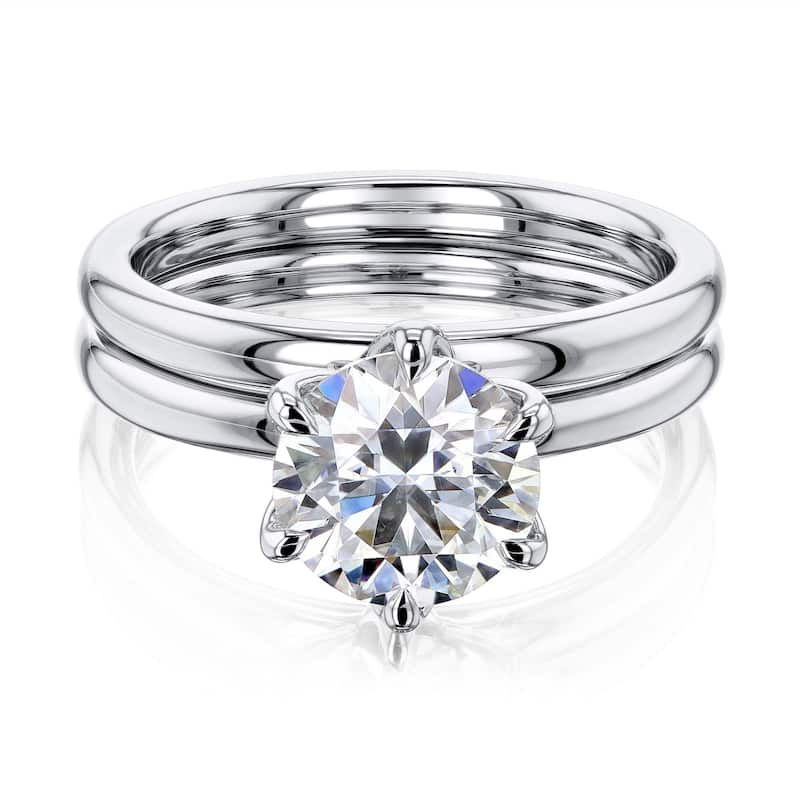 Annello by Kobelli 14k Gold 1.9 Carat Round Moissanite Solitaire 6-Prong Floating Tulip Head Comfort Fit Bridal Set - 5 - White