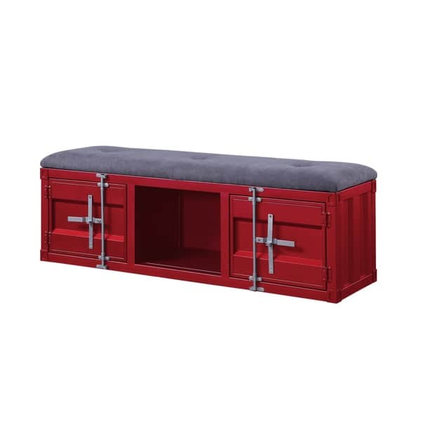 slide 1 of 5, 2 Metal Door Storage Bench with Open Compartment and Fabric Upholstery, Red