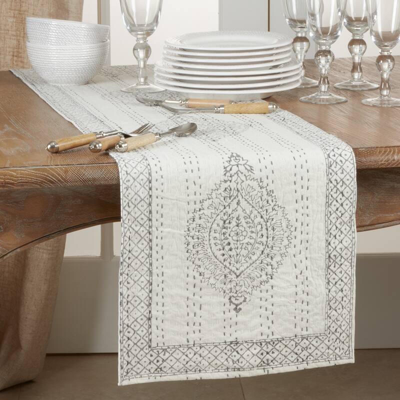 Taj Kantha Stitch Table Runner With Block Print