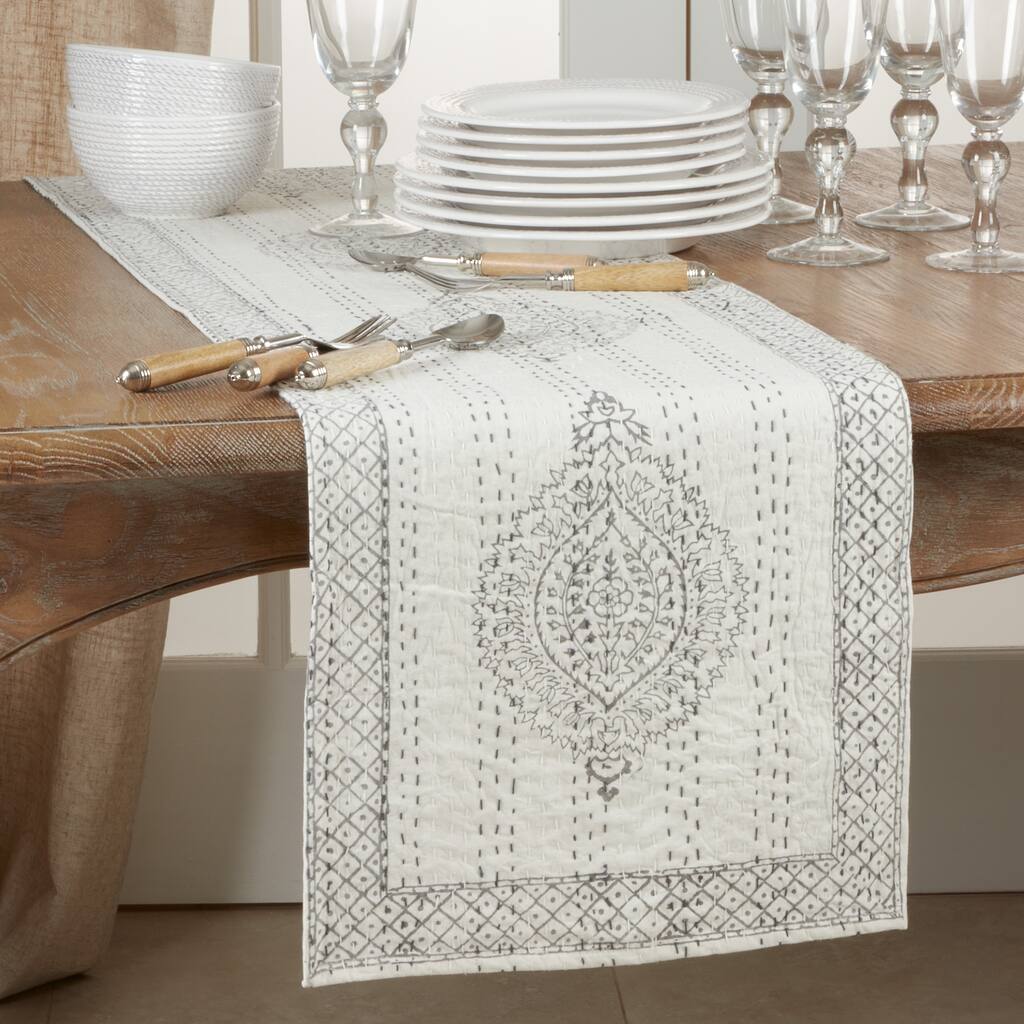 Taj Kantha Stitch Table Runner With Block Print