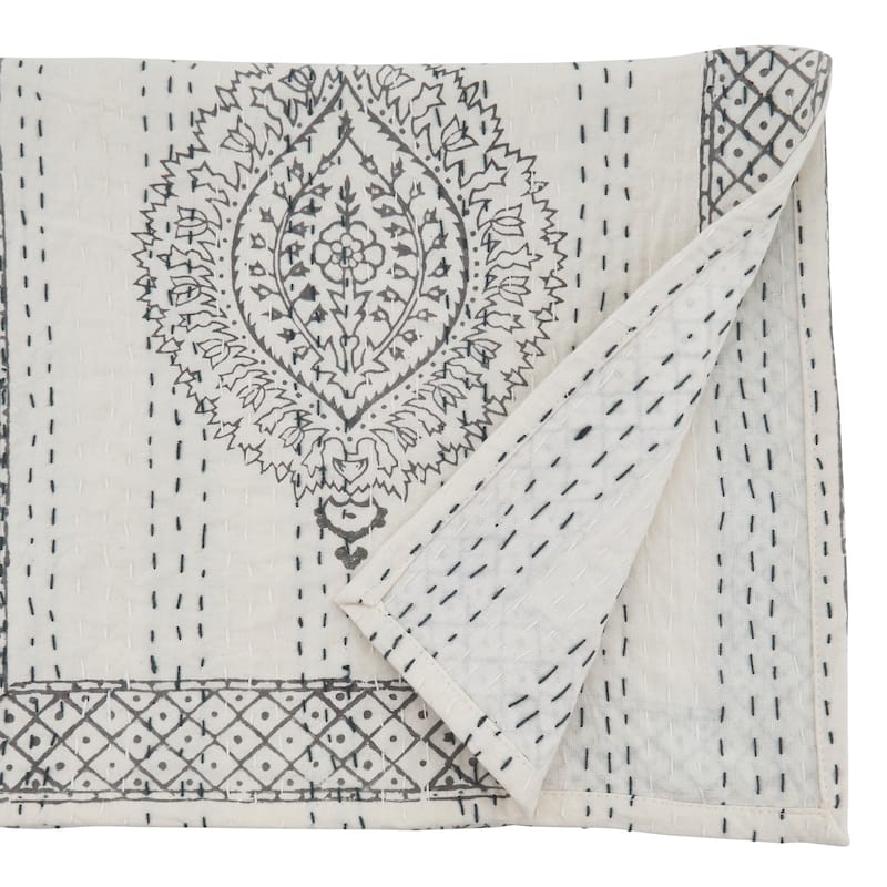 Taj Kantha Stitch Table Runner With Block Print