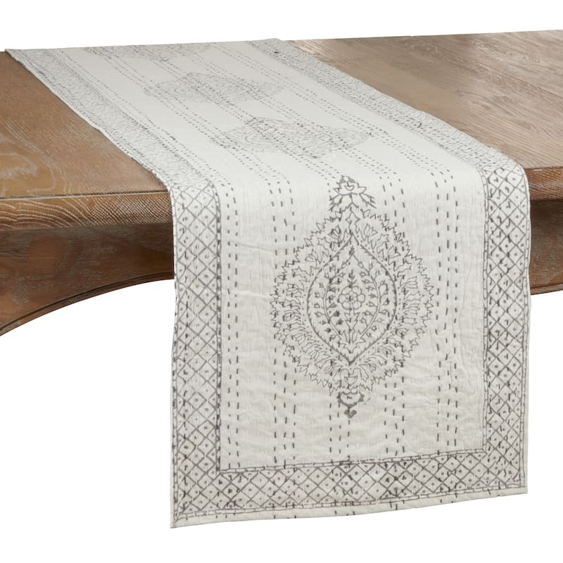 Taj Kantha Stitch Table Runner With Block Print