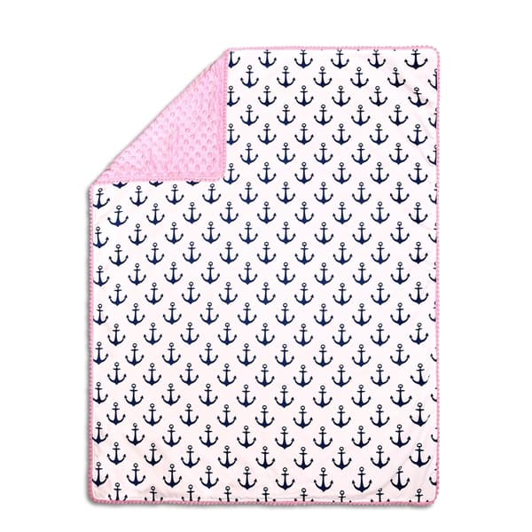 slide 1 of 1, The Peanutshell Pink/Navy Anchor Pompom Blanket.