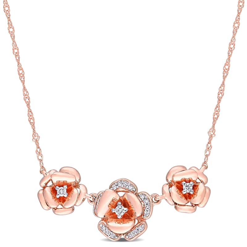 Miadora 10k Rose Gold 1/10ct TDW Diamond Floral Station Necklace