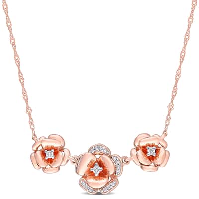 Miadora 10k Rose Gold 1/10ct TDW Diamond Floral Station Necklace
