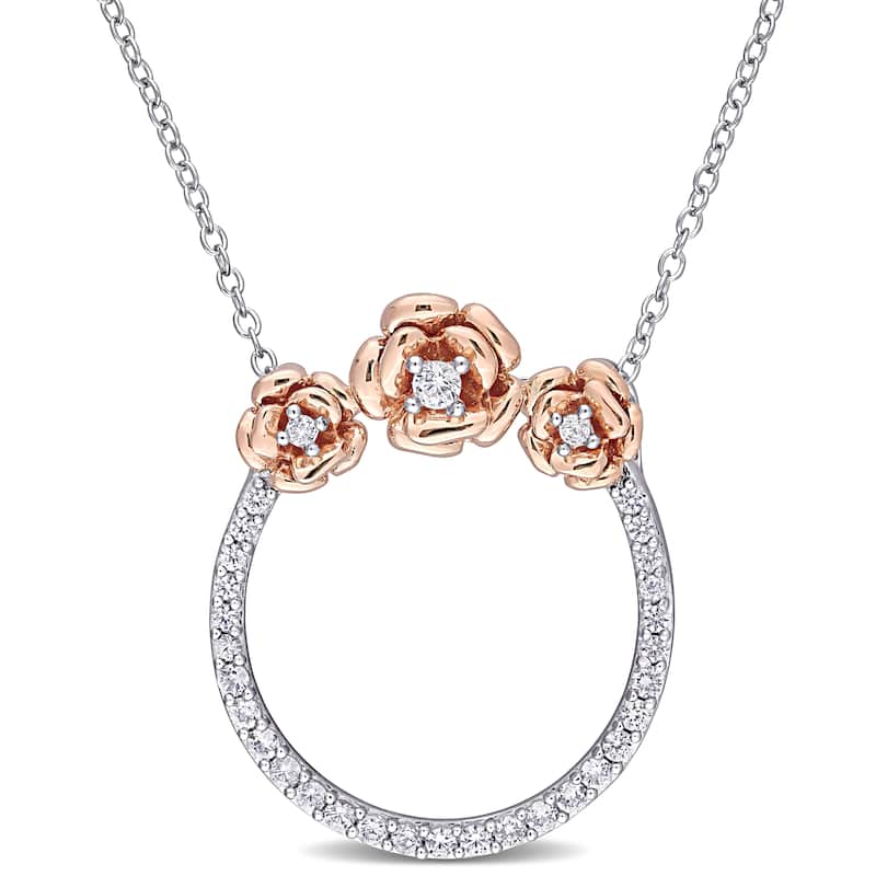 Miadora 2-tone Sterling Silver Created White Sapphire Floral Circle of Life Necklace