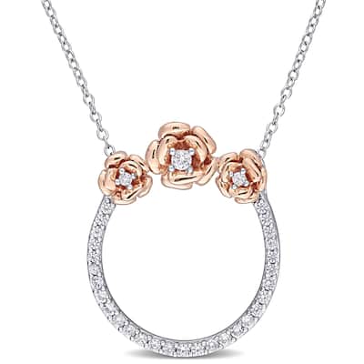 Miadora 2-tone Sterling Silver Created White Sapphire Floral Circle of Life Necklace
