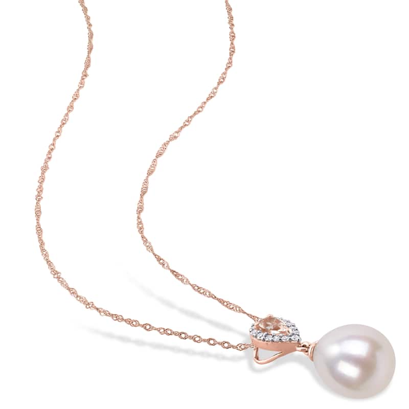Miadora 10k Rose Gold Cultured FW Pearl, Diamond and Morganite Drop Halo Necklace (9-9.5 MM)