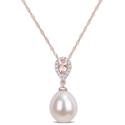 Miadora 10k Rose Gold Cultured FW Pearl, Diamond and Morganite Drop Halo Necklace (9-9.5 MM)