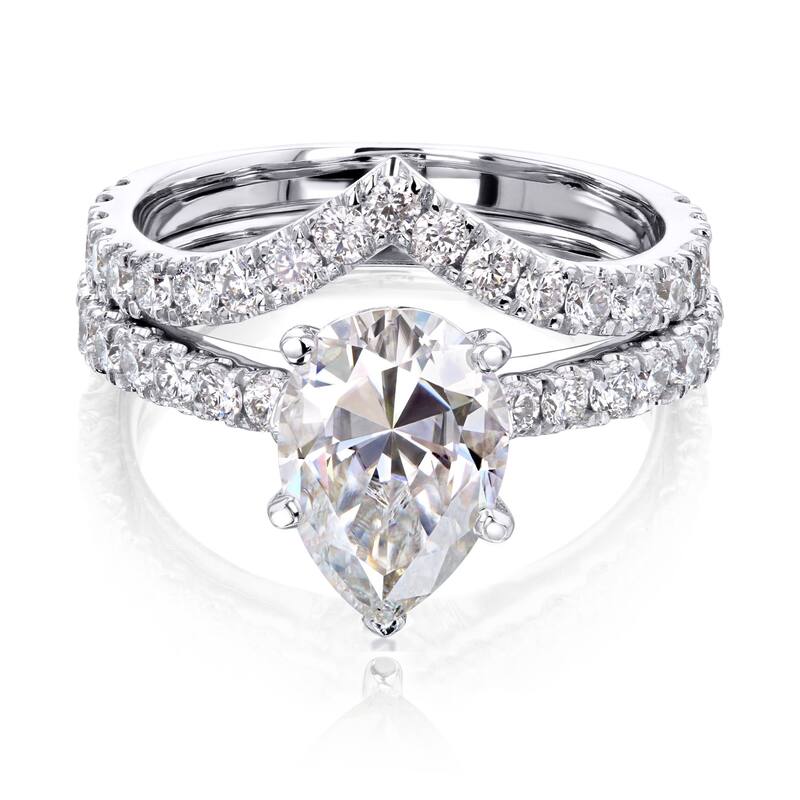 Annello by Kobelli 14k Gold 3 1/10ct TGW Pear Moissanite and Natural Diamond Chevron Band (V-Shaped) Bridal Set - 8.5 - White