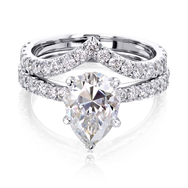 Annello by Kobelli 14k Gold 3 1/10ct TGW Pear Moissanite and Natural Diamond Chevron Band (V-Shaped) Bridal Set. Opens flyout.