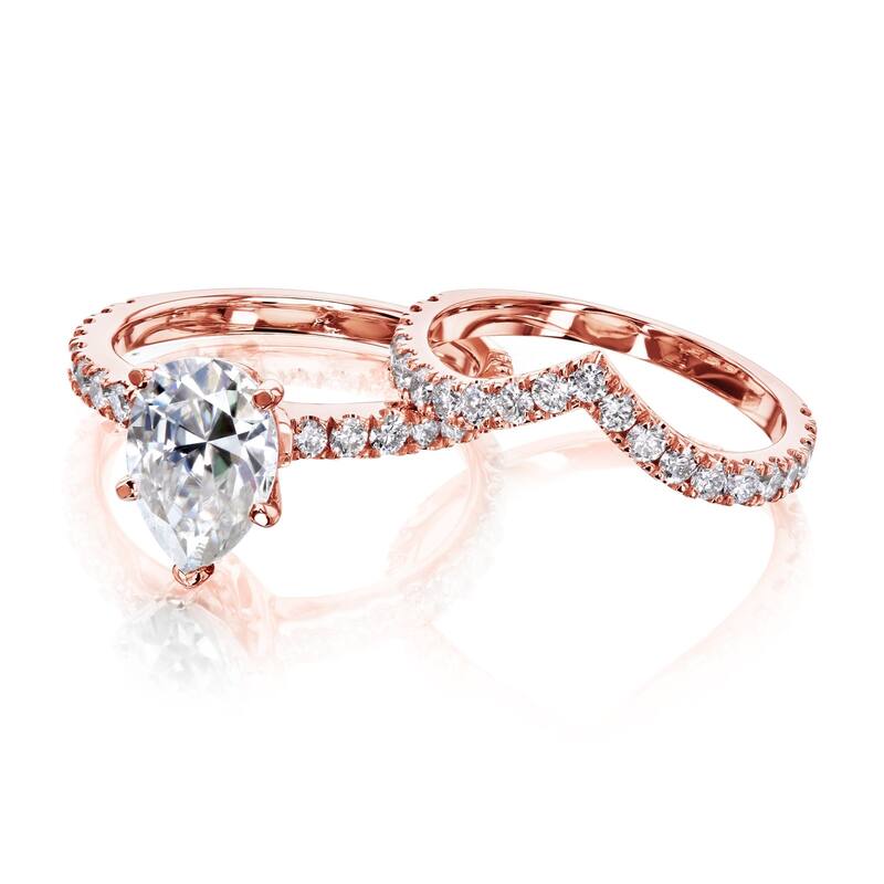 Annello by Kobelli 14k Gold 3 1/10ct TGW Pear Moissanite and Natural Diamond Chevron Band (V-Shaped) Bridal Set