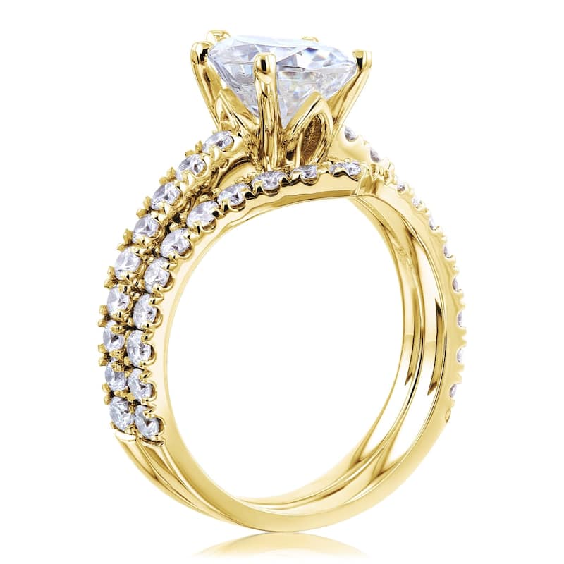 Annello by Kobelli 14k Gold 3 1/10ct TGW Pear Moissanite and Natural Diamond Chevron Band (V-Shaped) Bridal Set