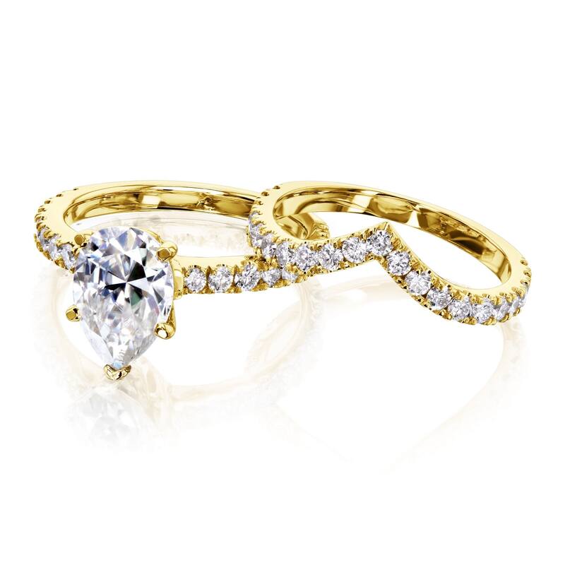 Annello by Kobelli 14k Gold 3 1/10ct TGW Pear Moissanite and Natural Diamond Chevron Band (V-Shaped) Bridal Set