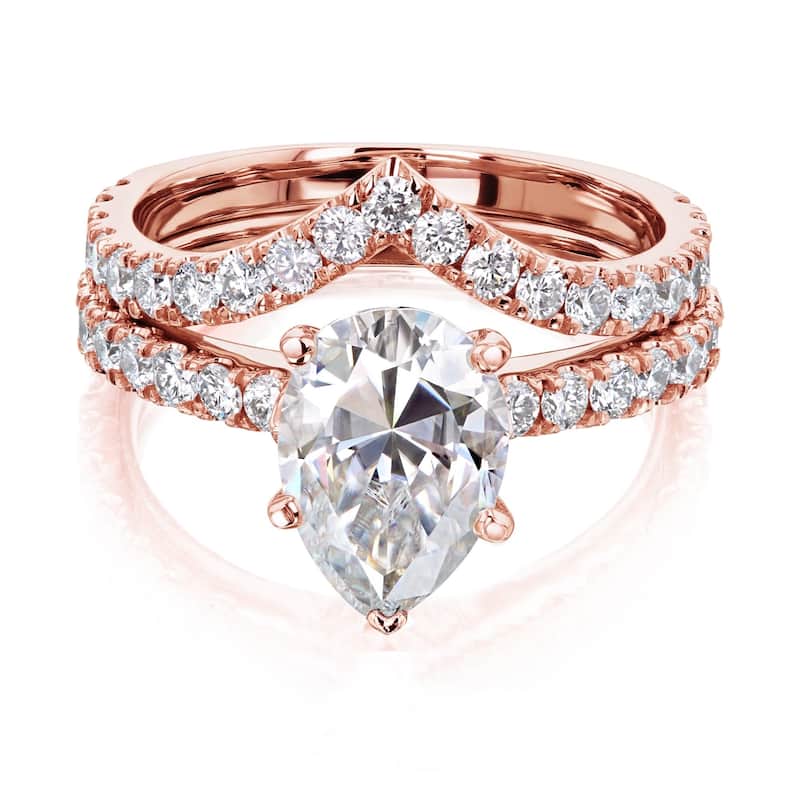 Annello by Kobelli 14k Gold 3 1/10ct TGW Pear Moissanite and Natural Diamond Chevron Band (V-Shaped) Bridal Set - 10.5 - Rose