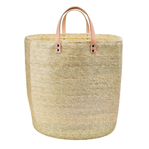 BSH1024- Home PALM STRAW BASKETS W/ LEATHER HANDLES SMALL