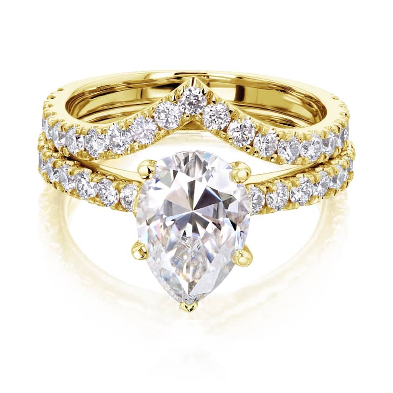 Annello by Kobelli 14k Gold 3 1/10ct TGW Pear Forever One Moissanite and Natural Diamond Chevron Band (V-Shaped) Bridal Set - 5.5 - Yellow