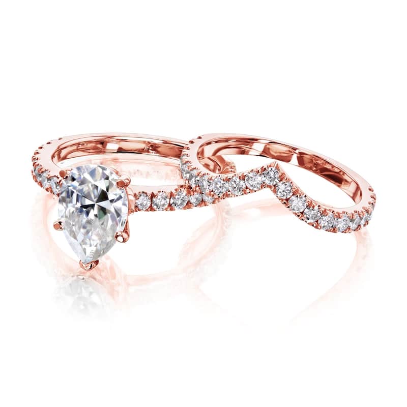 Annello by Kobelli 14k Gold 3 1/10ct TGW Pear Forever One Moissanite and Natural Diamond Chevron Band (V-Shaped) Bridal Set