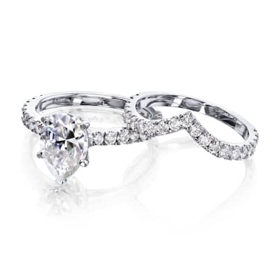 Annello by Kobelli 14k Gold 3 1/10ct TGW Pear Forever One Moissanite and Natural Diamond Chevron Band (V-Shaped) Bridal Set