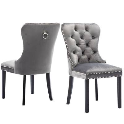 Velvet Dining Chairs Upholstered, Elegant Tufted Chair with Nailed Trim & Ring Pull, Set of 2