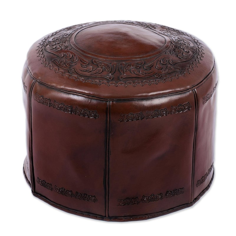 Handmade Spanish Elegance Tooled Leather Ottoman Pouf (Peru) - Brown - Medium