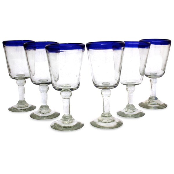Shop Handmade Chardonnay Clear Cobalt Blue Rim Set of Six Barware or