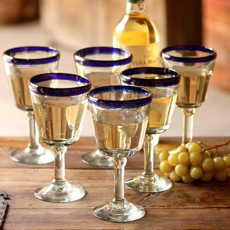 NOVICA Artisan Handblown Wine Glasses Blue Rim Goblets Mexican Clear