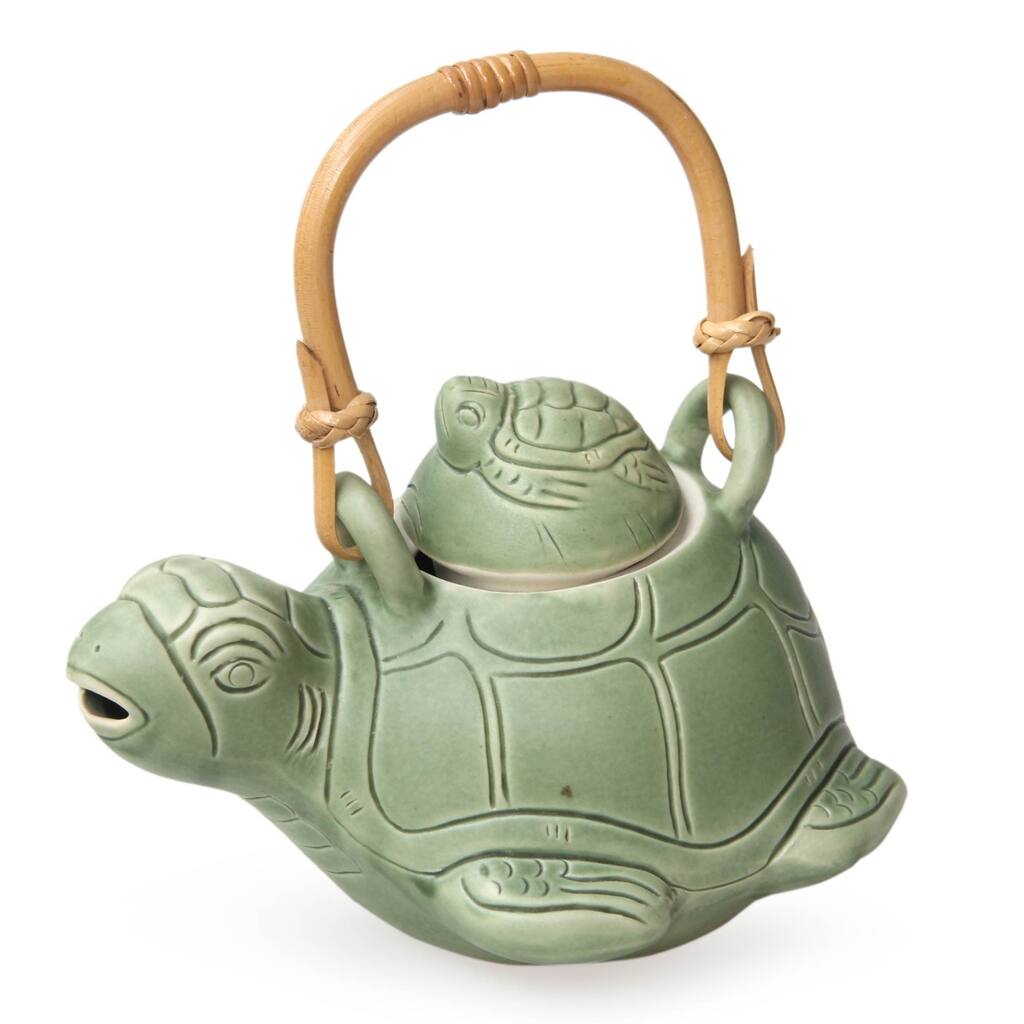 Handmade Green Turtle Ceramic Teapot (Indonesia) - 7" h x 6.25" w x 5" d