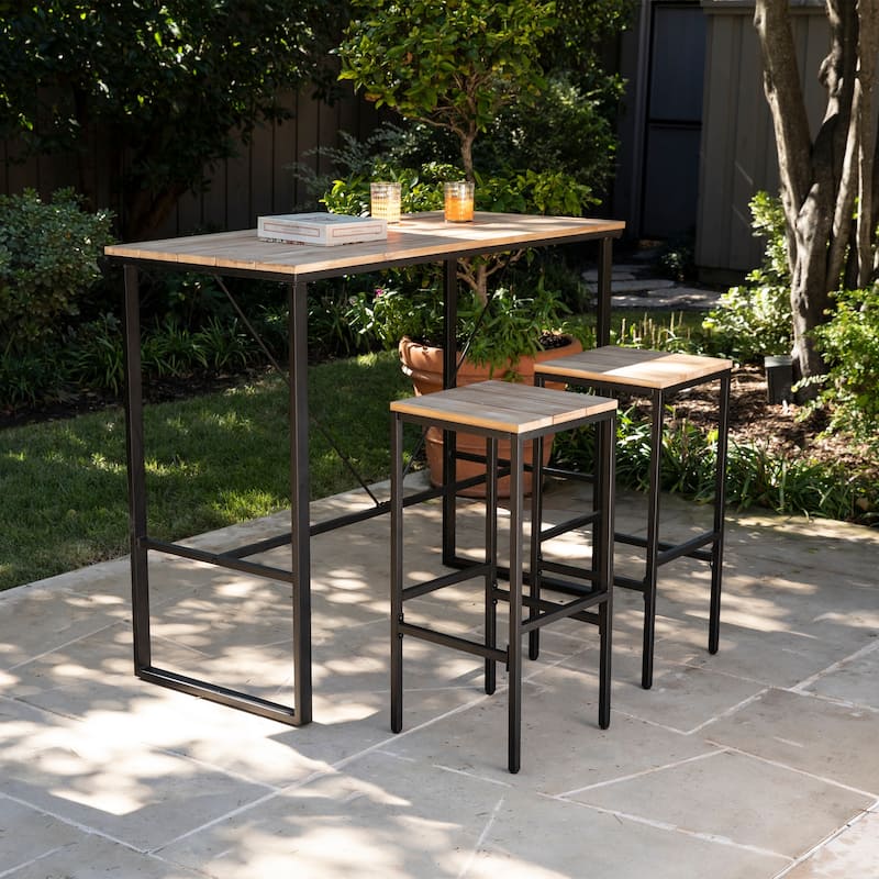 SEI Furniture 3-Piece Natural Acacia Wood Outdoor Patio Bar Height Dining Set with Table and Backless Stools