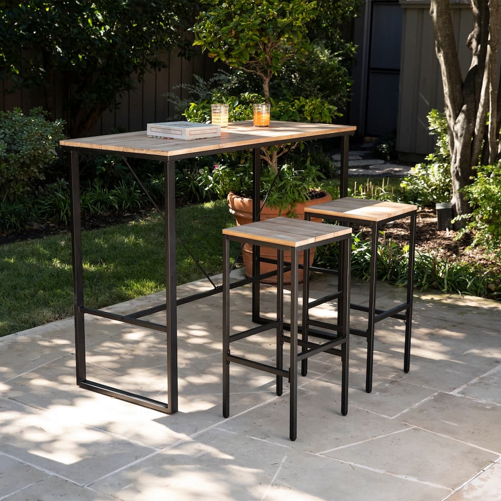 SEI Furniture 3-Piece Natural Acacia Wood Outdoor Patio Bar Height Dining Set with Table and Backless Stools