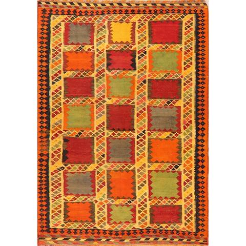 Vintage Checkered Kilim Qashqai Persian Area Rug Flat-Woven Wool - 5'0" x 8'6"