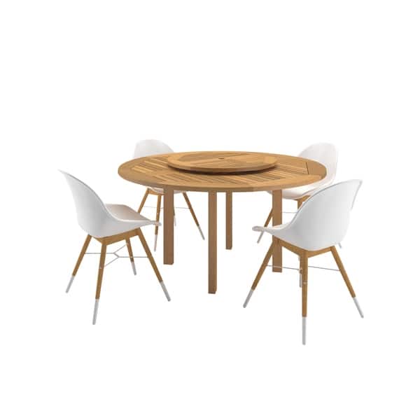 5piece Wood Lazy Susan Dining Set with White Resin Chairs Bed Bath
