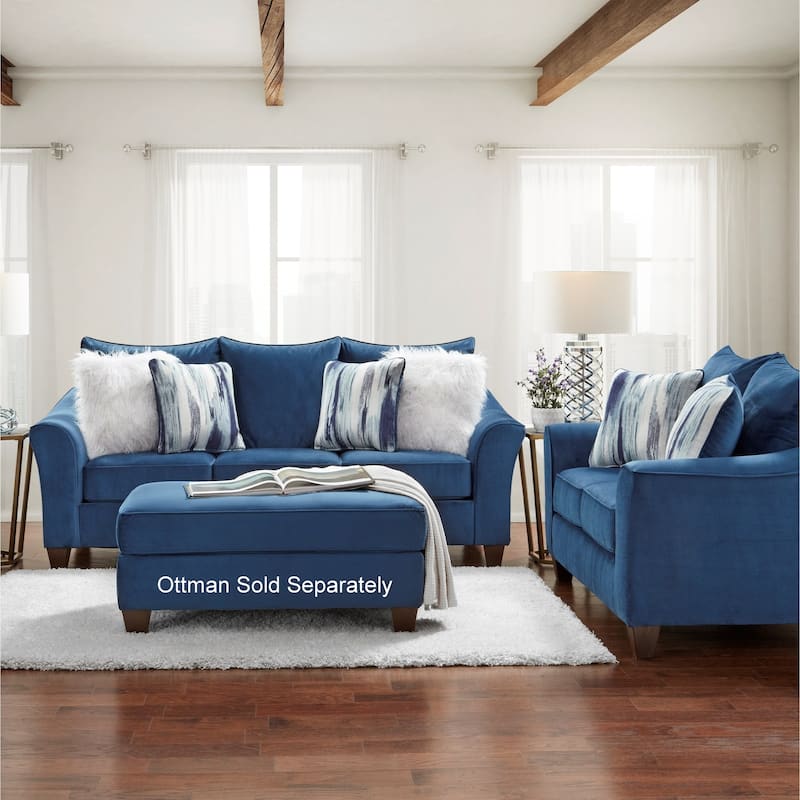 Roundhill Furniture Camero Fabric Pillowback Sofa and Loveseat Set in Navy Blue