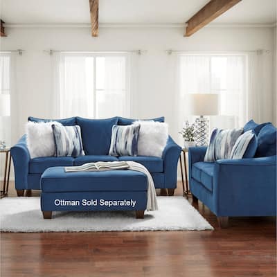 Roundhill Furniture Camero Fabric Pillowback Sofa and Loveseat Set in Navy Blue