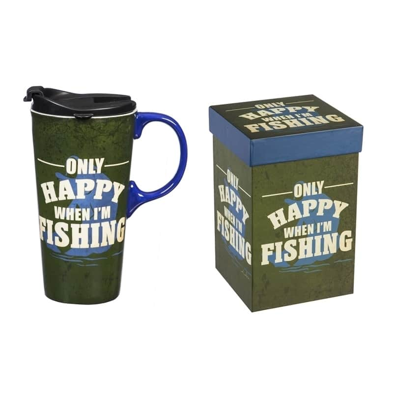 Only Happy When I'm Fishing 17 fl. oz. Ceramic Travel Cup with Matching Gift Box