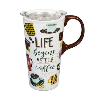 Life Begins After Coffee 17 fl. oz. Ceramic Travel Cup w/ Tritan Lid and Matching Gift Box