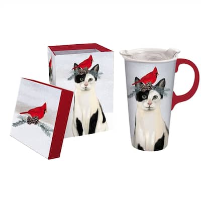 Christmas Cat 17 fl. oz. Ceramic Travel Cup w/ Tritan Lid and Matching Gift Box